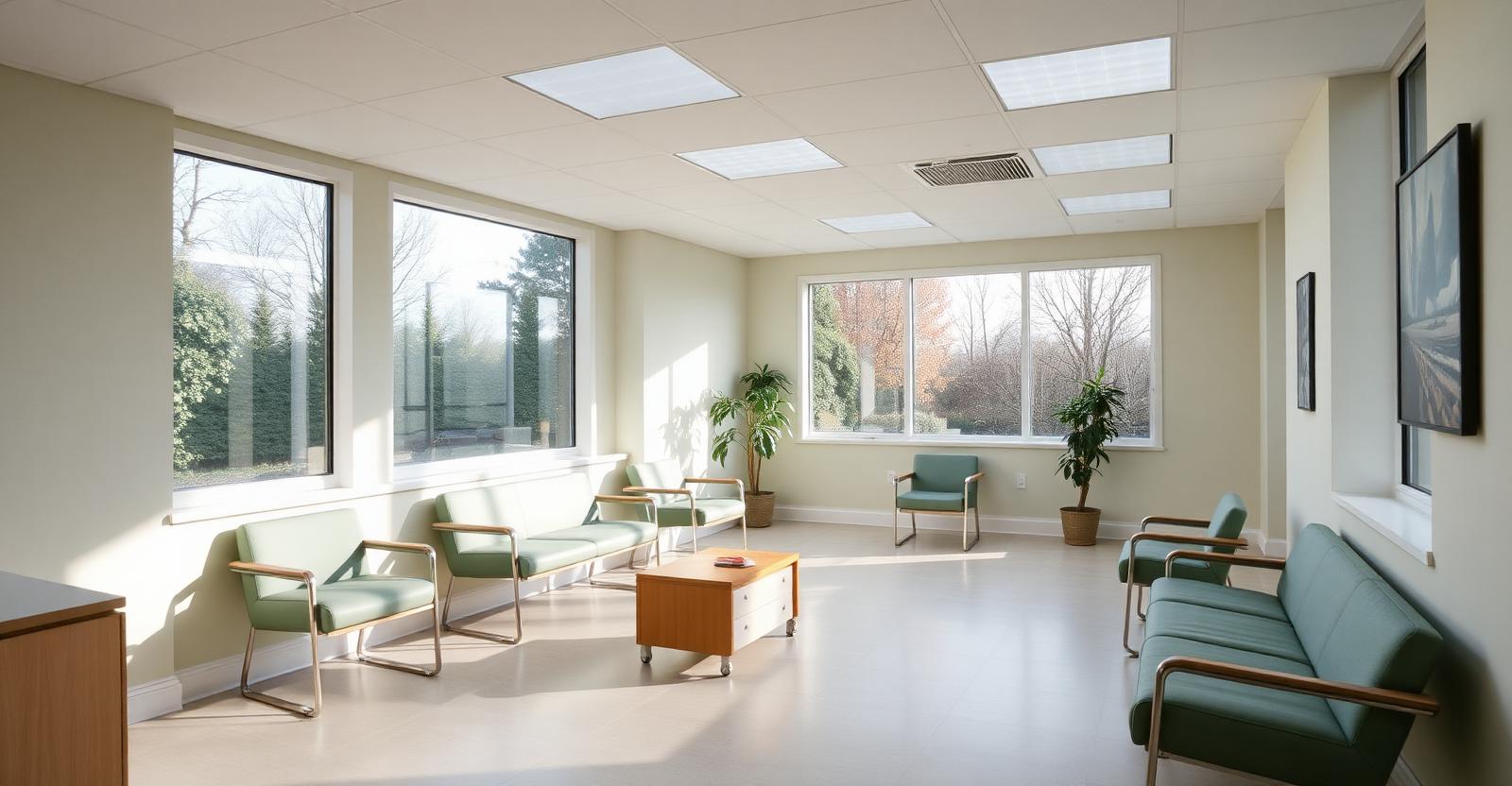 Bright, immaculate UK GP surgery waiting room