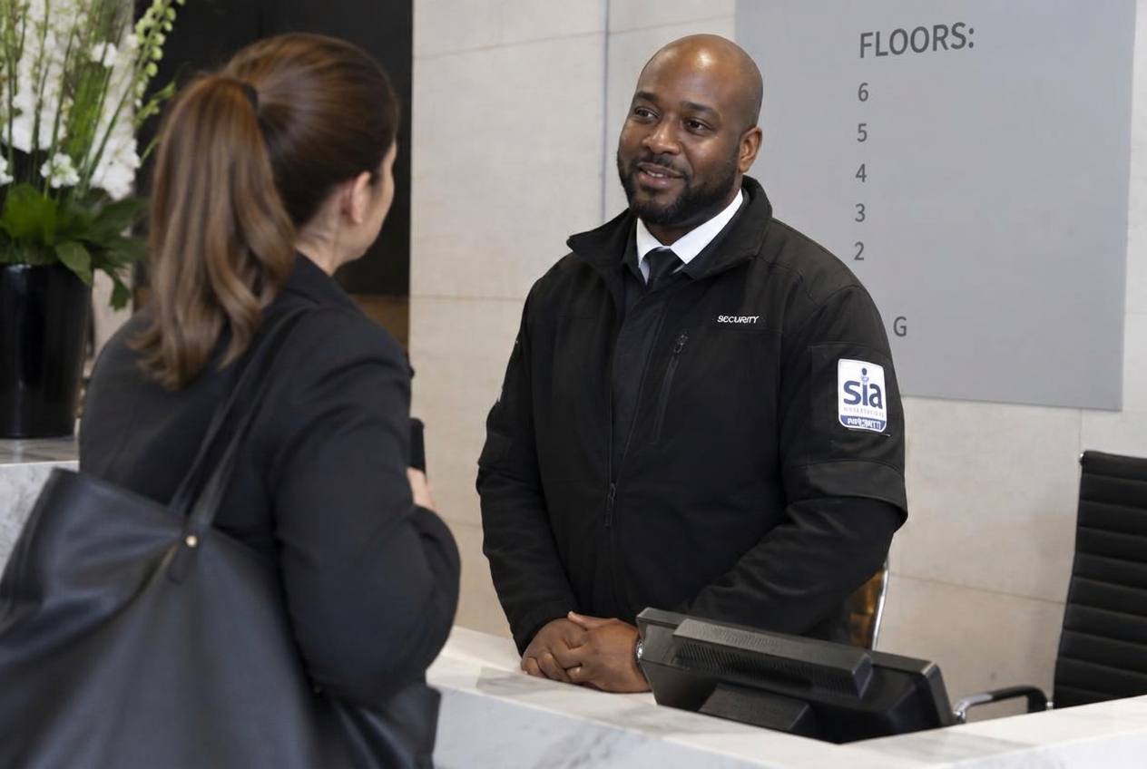 Uniformed security officer at a commercial building entrance